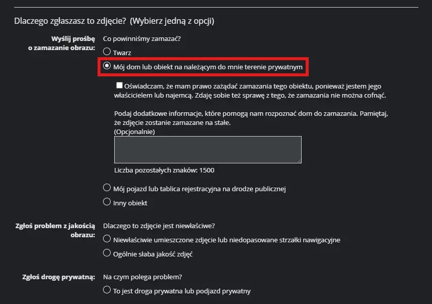 Oświadczenie o prawie do budynku w formularzu o zamazanie budynku w Google Maps Street View.