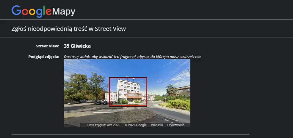 Kadrowanie budynku w formularzu o zamazanie domu w Google Maps Street View.